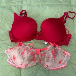 Victoria's Secret Red Padded Push-Up & Floral Lace Demi Set